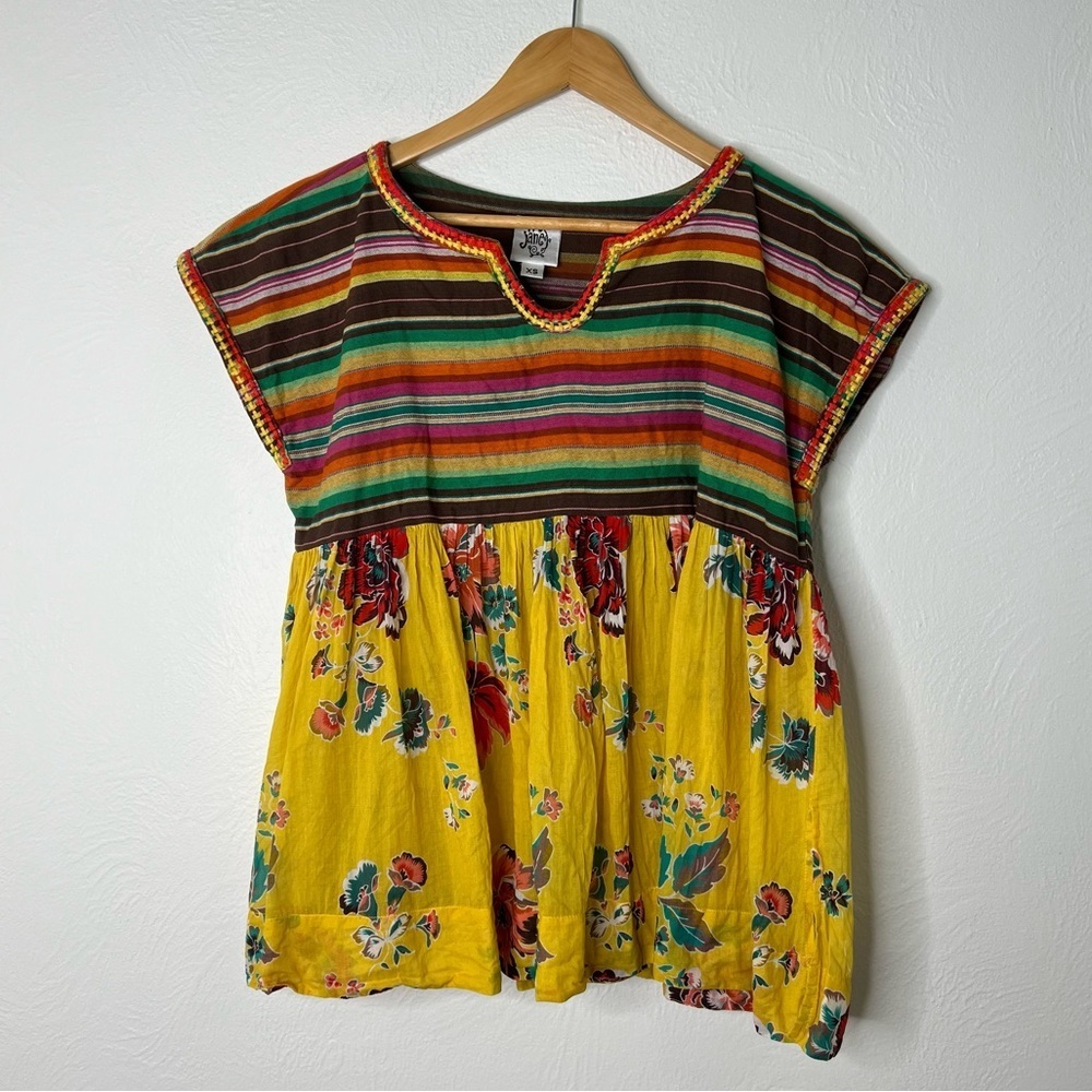 Ivy Jane Boho Tunic Top Striped Floral Print Cotton Peasant Blouse Festival XS - Picture 2 of 12